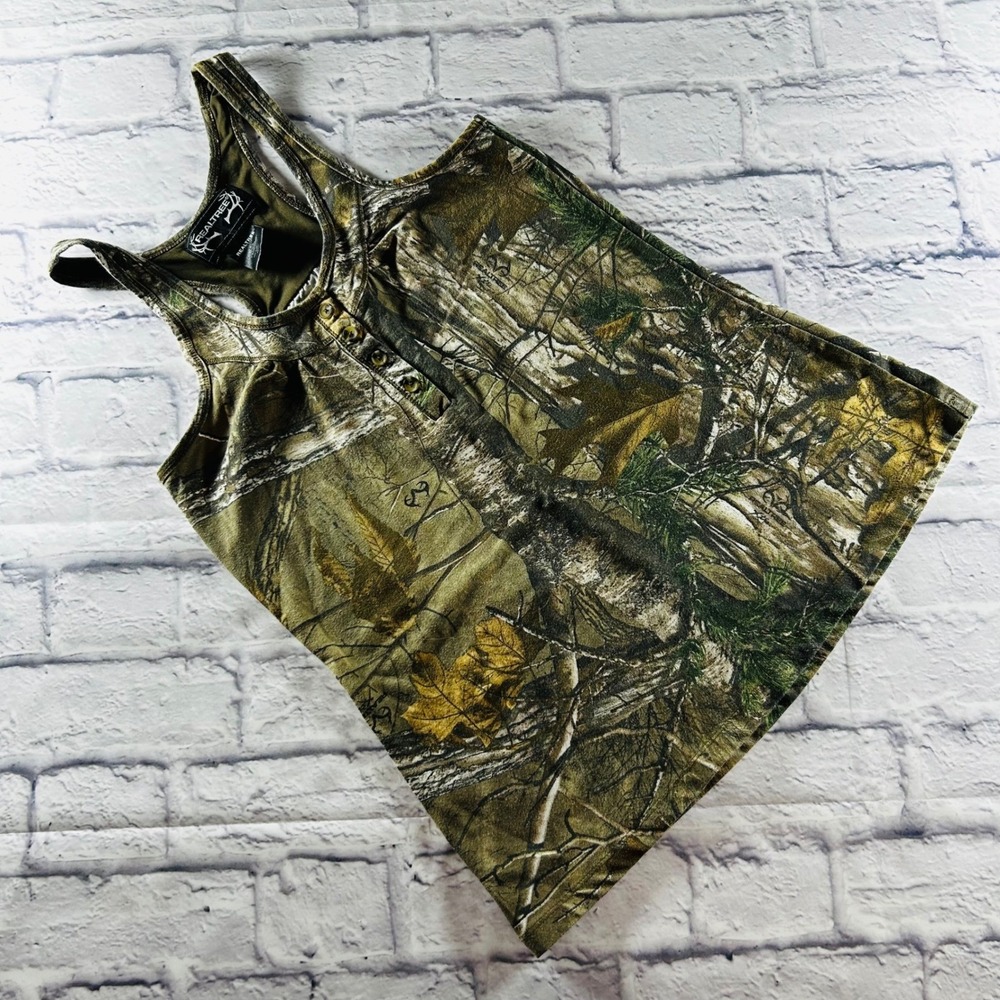 Realtree Womens Green Camo Henley Racerback Tank Top Small S Camouflage Hunting